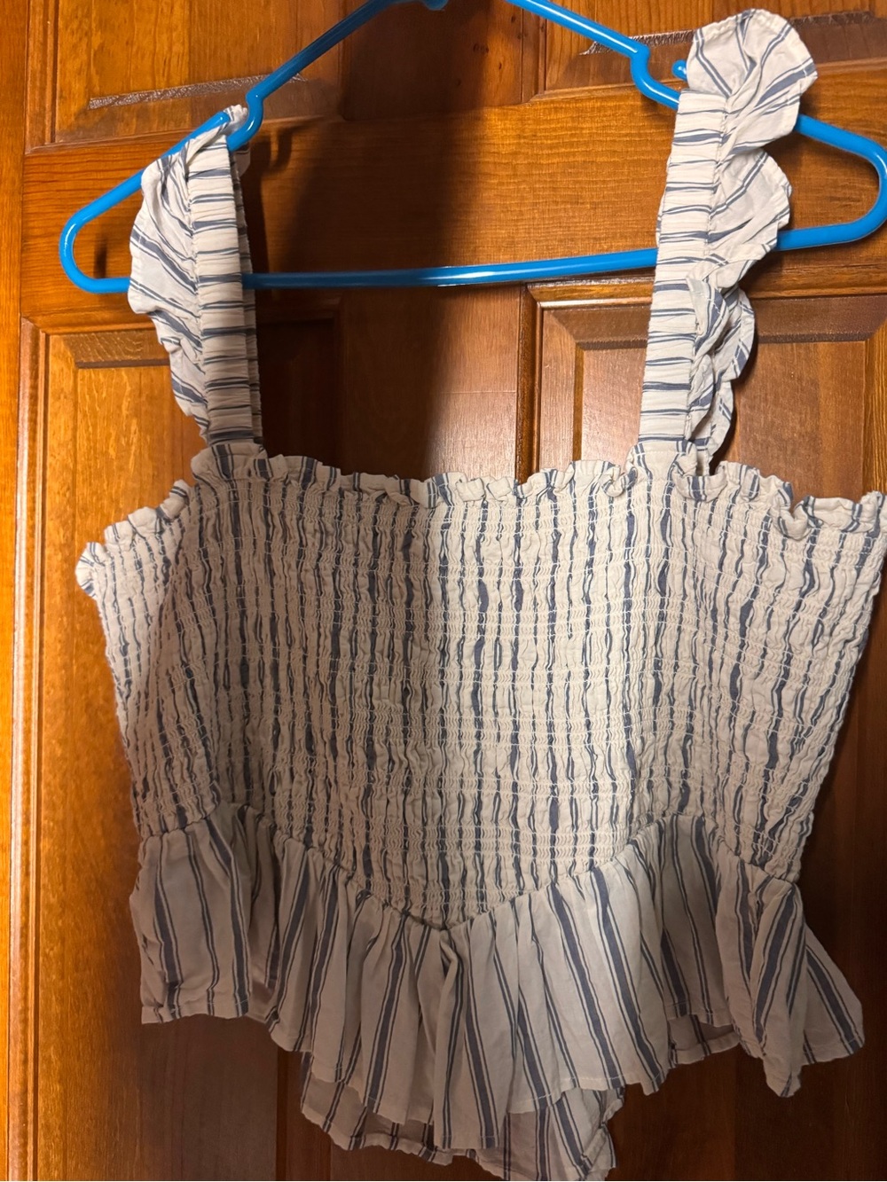 American Eagle Outfitters White and Blue Striped Smocked Ruffle Tank